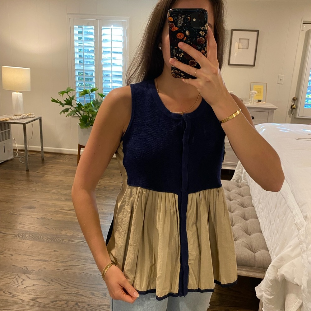 ANTHROPOLOGIE XS NAVY/TAN PLEATED KNIT TANK